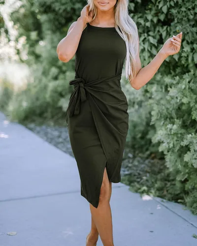 Miniatura 3 de NOLLSOM Vestido casual sin mangas a rayas para mujer, vestido por debajo de la rodilla de verano con cuello halter, fruncido, entallado, con lazo