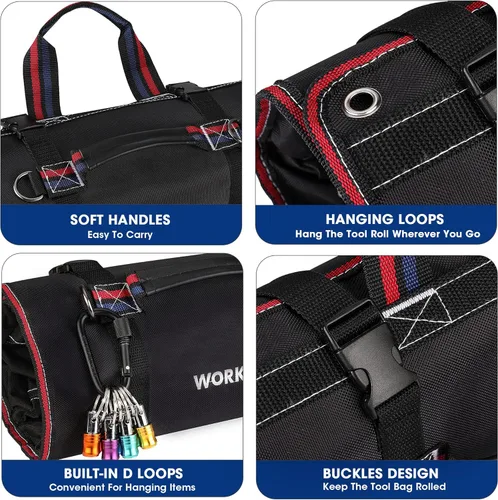 Miniatura 5 de WORKPRO Bolsa de herramientas enrollable, bolsa de herramientas enrollable con bolsillos desmontables, organizador de herramientas resistente con 6