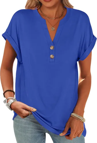 Miniatura 32 de ANRABESS - Camisetas Henley de manga corta para mujer, cuello en V, elegantes, estilo informal, de corte suelto; blusas fluidas de verano, ropa
