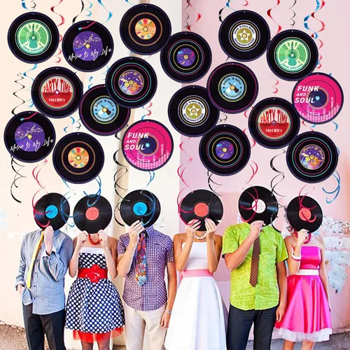 Miniatura 3 de Remolinos colgantes de fiesta de rock and roll, 48 unidades, decoración de fiesta de discoteca temática musical, diseño de disco de vinilo para negro