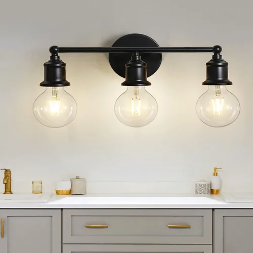 Miniatura 8 de Lámpara de tocador de 4 luces, aplique industrial de pared negra, lámpara de pared de baño de granja, lámpara de pared con base E26 vintage