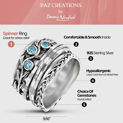 Miniatura 3 de Paz Creations - Anillos giratorios de plata de ley 925 para mujer con piedras preciosas naturales, banda gruesa con patrón martillado, joyería