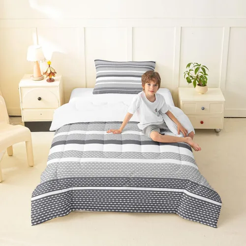 Miniatura 31 de jejeloiu Juego de edredón geométrico para niños, tamaño individual, diseño de rayas de color negro, blanco y gris, juego de ropa de cama decorativo