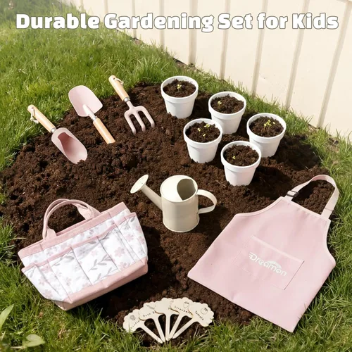 Miniatura 5 de Juego de jardinería para niños, kit de herramientas de jardinería para niños pequeños, incluye bolsa de mano, delantal, guantes, regadera, pala, Rosa
