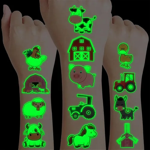 96 tatuajes temporales de animales de granja brillantes | Pegatinas luminosas de tractor de granja para niños, recuerdos y decoraciones de fiesta de
