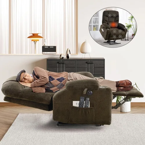 Miniatura 13 de CDCASA Silla Reclinable de Elevación Eléctrica de Gran Tamaño con Doble Motor que se Recuesta Completamente con Masaje, Calefacción, Textil