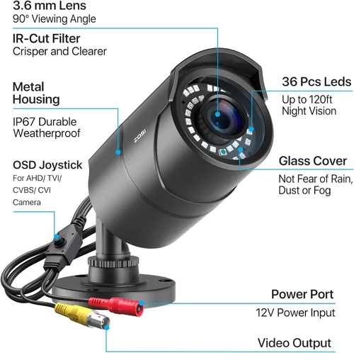Miniatura 2 de ZOSI Cámara de seguridad HD 1080p 1920TVL de 2MP para interiores y exteriores (híbrido 4 en 1 HD-CVI/TVI/AHD/960H analógico CVBS), 36 luces LED