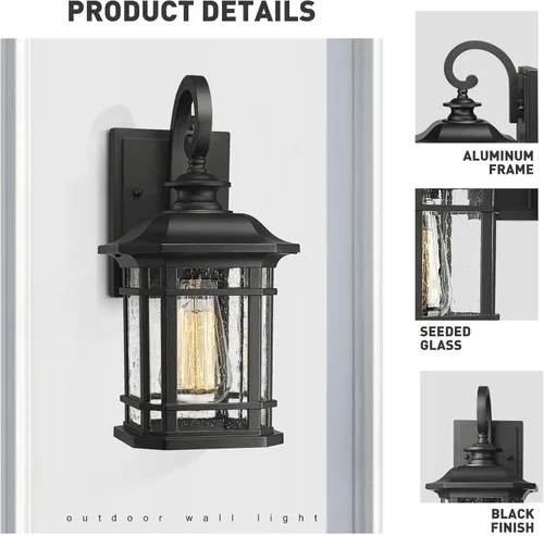 Miniatura 4 de Emliviar Luces de Farol de Pared para Exteriores, Lámpara de Aplique de Pared Exterior de 1 Luz, Acabado Negro con Vidrio Granulado Transparente