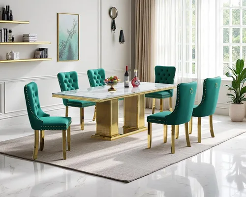 Miniatura 10 de Henf Juego de mesa de comedor de mármol sintético de 68 pulgadas para 6, juego de mesa de comedor de 7 piezas con 6 sillas copetudas de terciopelo