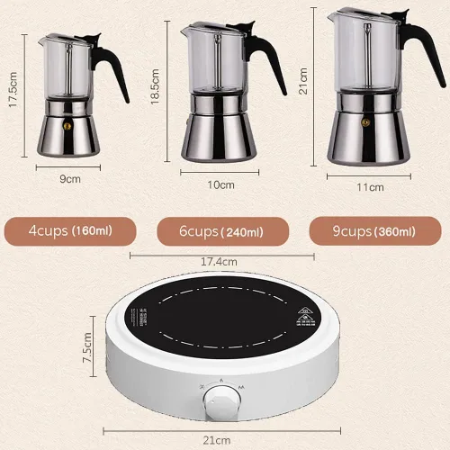 Miniatura 8 de Máquina de café expreso con tapa de cristal y acero inoxidable, cafetera italiana clásica, olla Moka - 4/6/9 tazas, 12.2 fl oz/12.7oz/9 tazas