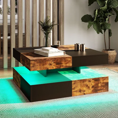 Miniatura 10 de HedoAjim Mesa de centro LED negra para sala de estar, mesa de sala de estar, mesas centrales cuadradas de 2 niveles, mesas de centro de madera