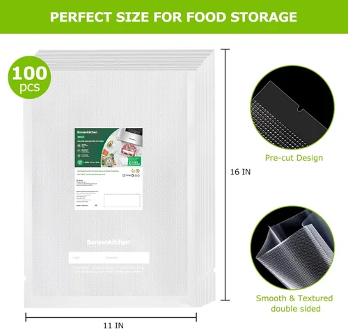 Miniatura 2 de Bonsenkitchen Bolsas selladoras al vacío precortadas, bolsas de sellado de alimentos de 100 galones, 11 x 16 pulgadas, grado alimenticio, sin BPA