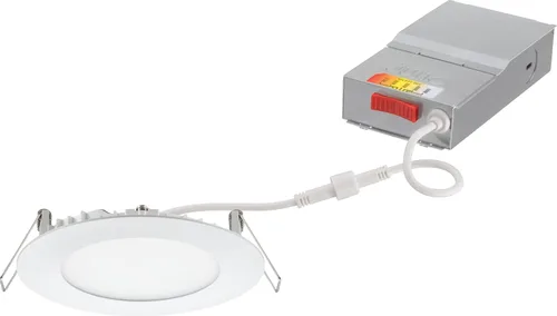 Juno Luces LED Empotradas de 4 Pulgadas Redondas Tipo Oblea Descendente, Temperatura de Color Blanco Conmutable 5-en-1, 120 Voltios, Moldura Plana