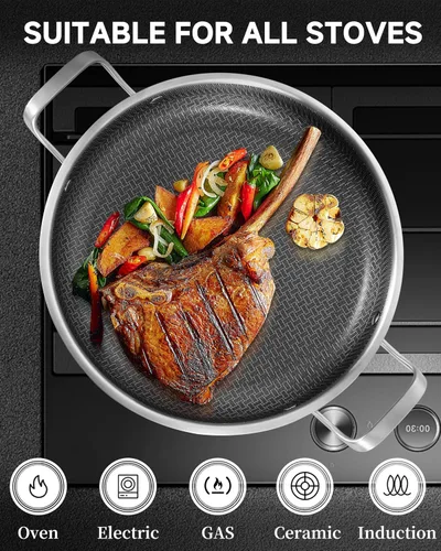 Miniatura 3 de LOLYKITCH - Sartén antiadherente de 12 pulgadas para paella con asas laterales y tapa, revestimiento cerámico, acero inoxidable de tres capas