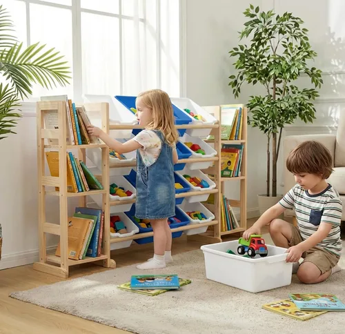 Miniatura 2 de Amdermi Organizador de almacenamiento de juguetes para niños, 51 pulgadas de ancho, estantería blanca con 6 estantes con 12 contenedores, unidad