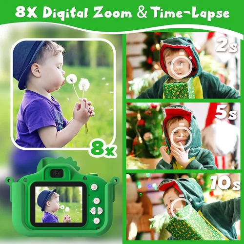 Miniatura 4 de Cámara de dinosaurio para niños, cámara HD selfie para niños pequeños, juguetes de cumpleaños de Navidad para niños y niñas de 3 a 12 años, cámara