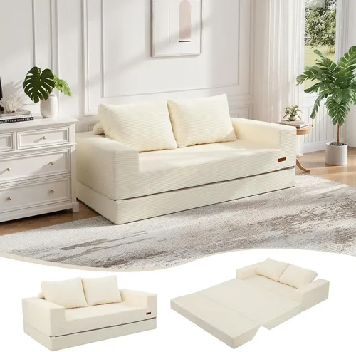 COMAX Sofá Cama Convertible Queen, Sofá de Piso Plegable de Pana Sofá Cama Extraíble Futón Sleeper con Almohadas, Sofá Plegable Sin Estructura