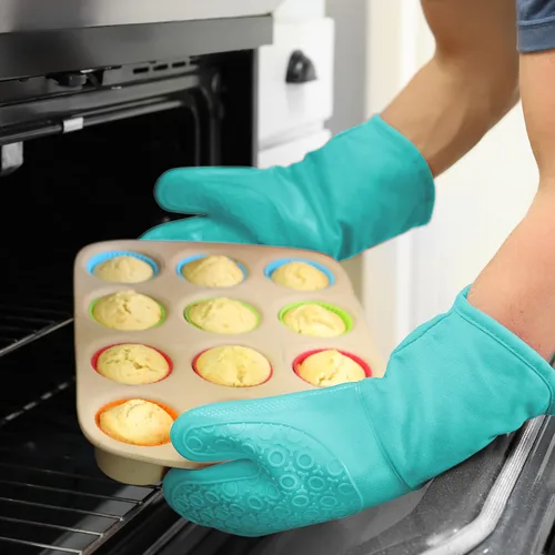 Miniatura 8 de Guantes de horno de silicona con forro de algodón acolchado – profesional resistente al calor olla de cocina soportes – 1 par 2-Turquesa