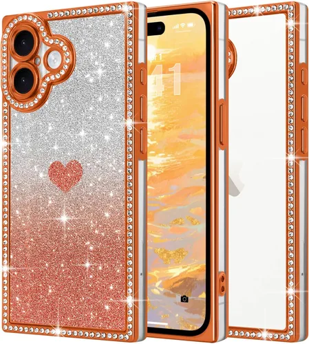 Miniatura 48 de Funda para iPhone 13, funda de diamantes de imitación de lujo con patrón de corazón de amor de cristal [papel con purpurina extraíble], parachoques