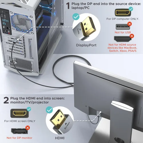 Miniatura 4 de WARRKY - Cable DisplayPort a HDMI 4K de 10 pies [Carcasa metálica, cable de nylon] Transmisión unidireccional DP 1.2 de computadora a pantalla HDMI