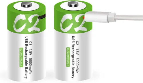 Miniatura 8 de Baterías C - Paquete de 2 baterías recargables C, batería de iones de litio de 5000 mWh, tamaño C, 1.5 V con cargador USB A a tipo C 2 en 1