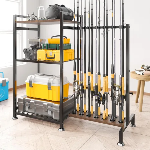 Miniatura 9 de SOYEEZE Soportes para cañas de pescar de gran tamaño para garaje, estante para cañas de pescar de servicio pesado de 3 niveles con tablero perforado