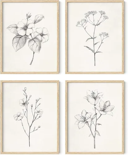 Miniatura 81 de HAUS AND HUES Arte de pared floral gris, juego de 4 pósteres de plantas para pared vintage, impresiones botánicas, cuadros de flores en blanco