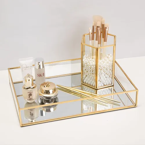 Miniatura 7 de Lyellfe Paquete de 2 bandejas de perfume, bandeja de tocador dorada, bandeja decorativa de espejo dorado, bandeja de perfume rectangular