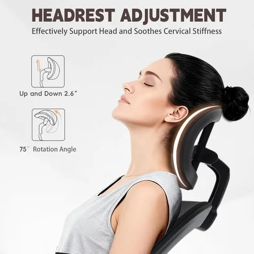 Miniatura 5 de Silla de oficina ergonómica con soporte lumbar ajustable 3D, respaldo alto de malla, reposacabezas giratorio de 75°, función mecedora, capacidad