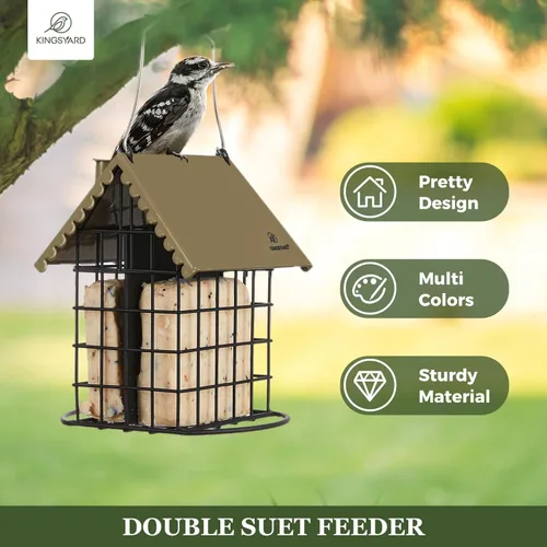 Miniatura 2 de Kingsyard Comedero doble de sebo para pájaros con techo a prueba de inclemencias del tiempo y percha, todo de metal, comedero de sebo para pájaros
