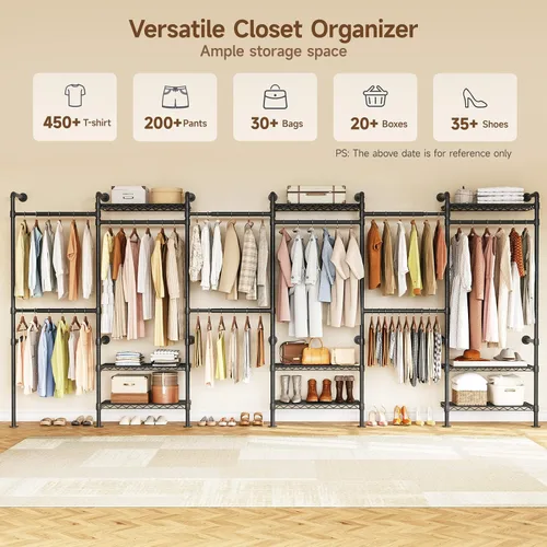 Miniatura 9 de H6 - Sistema de armario para montaje en pared, perchero industrial con 6 varillas telescópicas, 3 varillas de fijación y 9 estantes, organizadores