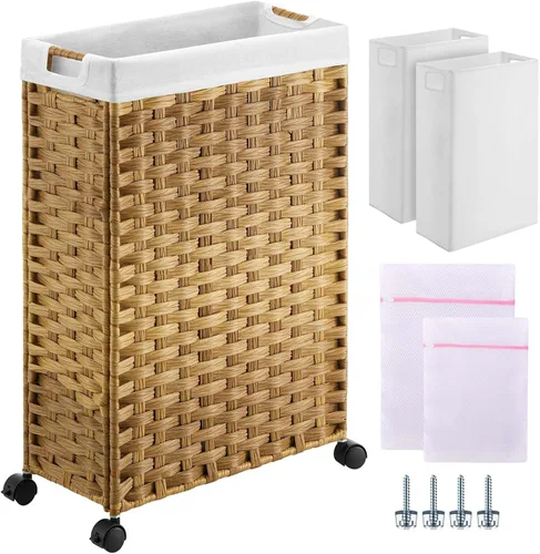 GREENSTELL - Cesta de ropa con ruedas, 45 L (11.9 galones) Cesta pequeña de ropa con 2 bolsas extraíbles y 2 bolsas de malla, cesto de ratán delgado