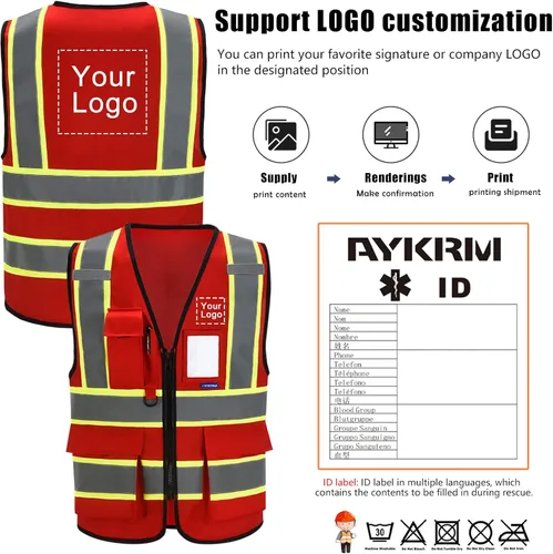 Miniatura 2 de AYKRM 11 color alta visibilidad reflectante chaleco de seguridad para mujeres hombres bolsillo cremallera ANSI/ISEA estándar Rojo
