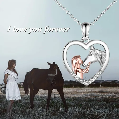 Miniatura 3 de YFN - Collar con dije de caballo de plata fina para niñas, regalo de caballos para mujeres y niñas (collar de caballo con una niña color rosa)