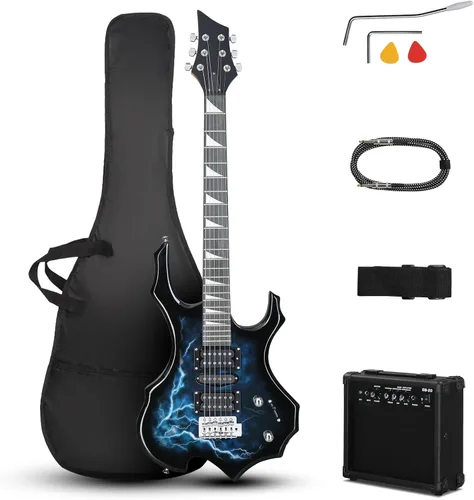 Kit de guitarra eléctrica Ktaxon con diseño Burning Fire, guitarra eléctrica de 39 pulgadas HSH para principiantes con amplificador, diapasón de