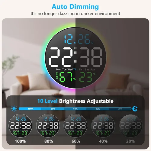 Miniatura 5 de Reloj de pared digital, pantalla LED grande de 10 pulgadas, reloj digital con luz RGB, control remoto, atenuador de brillo automático con luces