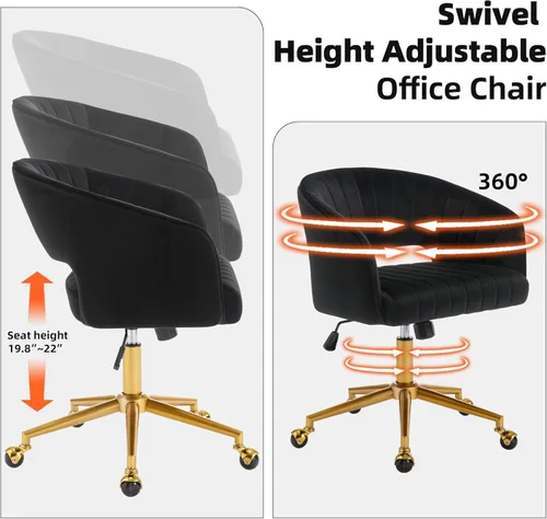 Miniatura 4 de Sillas de escritorio para oficina en casa Westice, silla rodante moderna de terciopelo, silla de tocador giratoria con base dorada y altura Negro