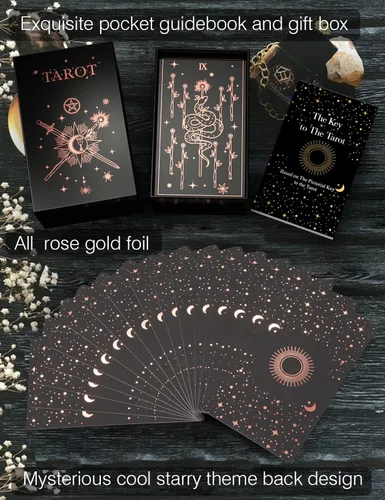 Miniatura 5 de WJPC Juego de cartas de tarot de lámina de oro rosa con guía y caja de regalo para principiantes y expertos. Tarjetas de juego de adivinación
