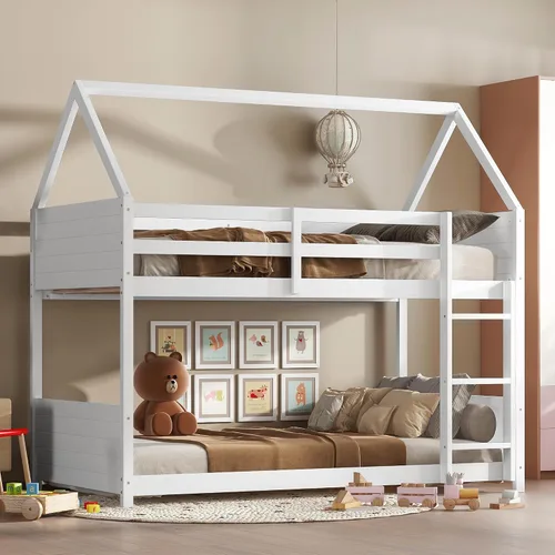 Miniatura 9 de Cama Houae de tamaño individual, marco de cama de madera con techo, no necesita somier, color blanco