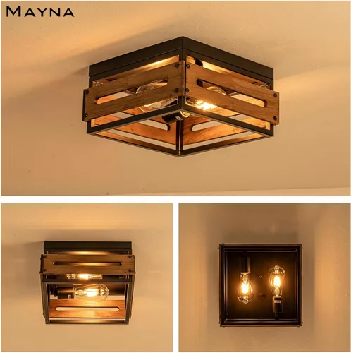 Miniatura 8 de MAYNA Lámpara de techo de granja, lámpara de techo rústica de 2 luces con montaje empotrado de metal y madera, accesorios de iluminación de pasillo