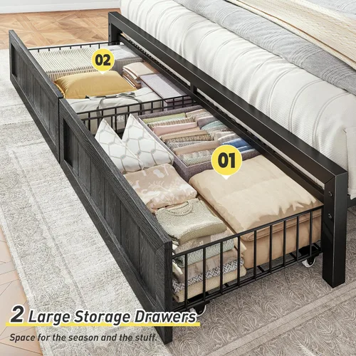 Miniatura 5 de EnHomee Marco de cama King de metal con 2 cajones de almacenamiento, cabecera de madera con iluminación LED y estación de carga, dormitorio, Negro