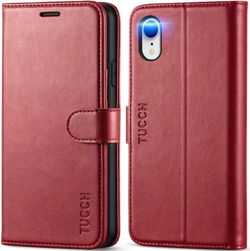 Miniatura 11 de TUCCH Funda tipo cartera para iPhone XR, función atril con bloqueo RFID, ranura para tarjetas de crédito, de piel sintética, con carga inalámbrica