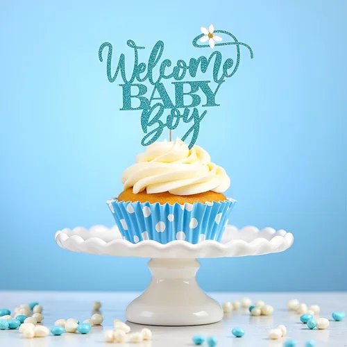 Miniatura 4 de Kaoenla Decoración para pastel de bienvenida de bebé niño con purpurina azul, decoración de fiesta de revelación de género para recién nacidos