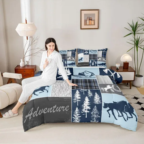 Miniatura 88 de Juego de edredón de oso y ciervo, tamaño individual, ropa de cama de animales salvajes de caza, colcha rústica de cabaña, casa de campo, cuadros