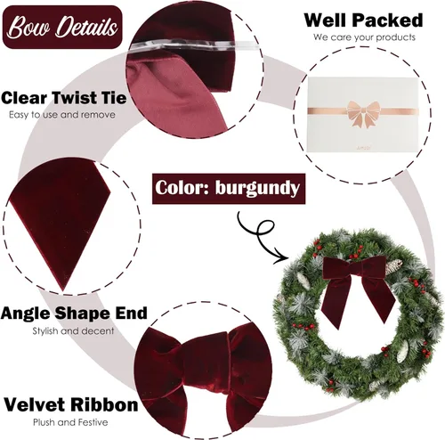 Miniatura 3 de AIMUDI Lazos de Terciopelo Burdeos de 4.5" Lazos de Navidad para Árbol Lazos Prefabricados para Coronas Lazos con Alambre Retorcido para Envolver
