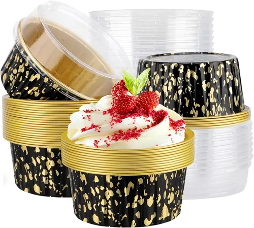 Miniatura 14 de EUSOAR Moldes de aluminio para magdalenas de varios colores, moldes de aluminio de 5 onzas para hornear, recipientes de postre con tapas, tazas de 5