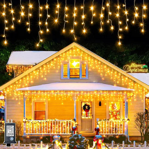 Miniatura 17 de Luces de Navidad de carámbano para exteriores, 66 pies, 640 luces LED de Navidad azules y blancas, 8 modos con 120 gotas, luz de carámbano