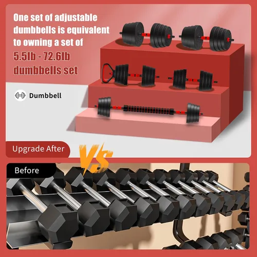 Miniatura 4 de Juego de mancuernas ajustables 4 en 1 de 90 libras/75 libras/45 libras/25 libras, juego de pesas libres con conector – Se convierten en barra, pesas
