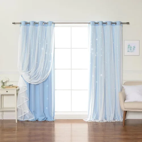Miniatura 44 de Best Home Fashion Par de cortinas opacas con revestimiento de tul y corte láser, paneles de ventana con ojales plateados para dormitorio, habitación