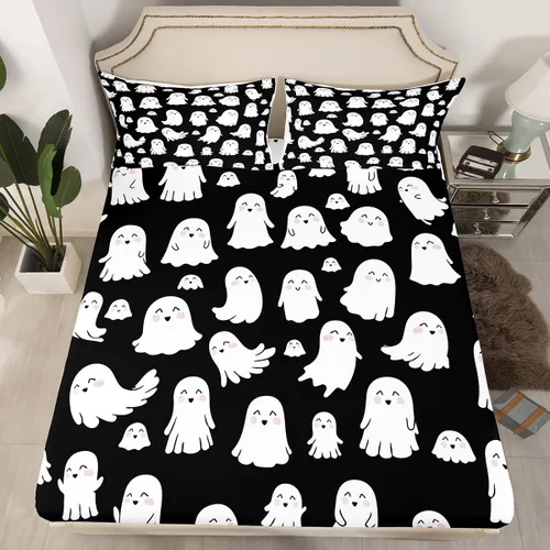 Miniatura 32 de Juego de sábanas bajeras con bonito diseño de gato negro para niños y niñas, diseño de dibujos animados de Halloween, gato, animales, sábanas